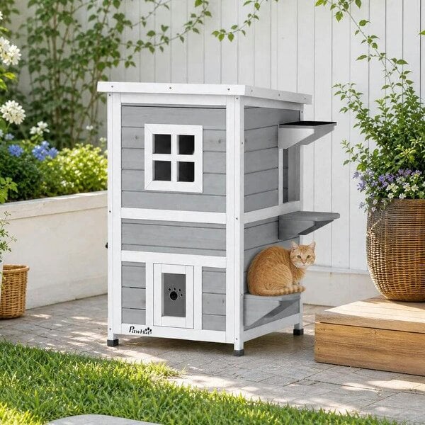 Wooden Cat House 2-Floor Outdoor Kitten Shelter with 3 Doors and Window Grey - Grey