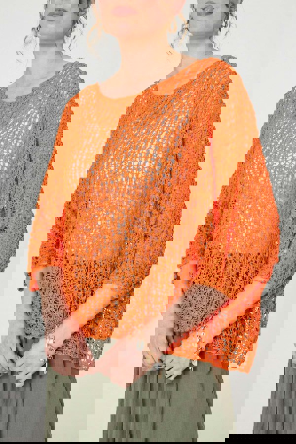 Orange | Crochet Knit Texture Batwing Sleeve Top
