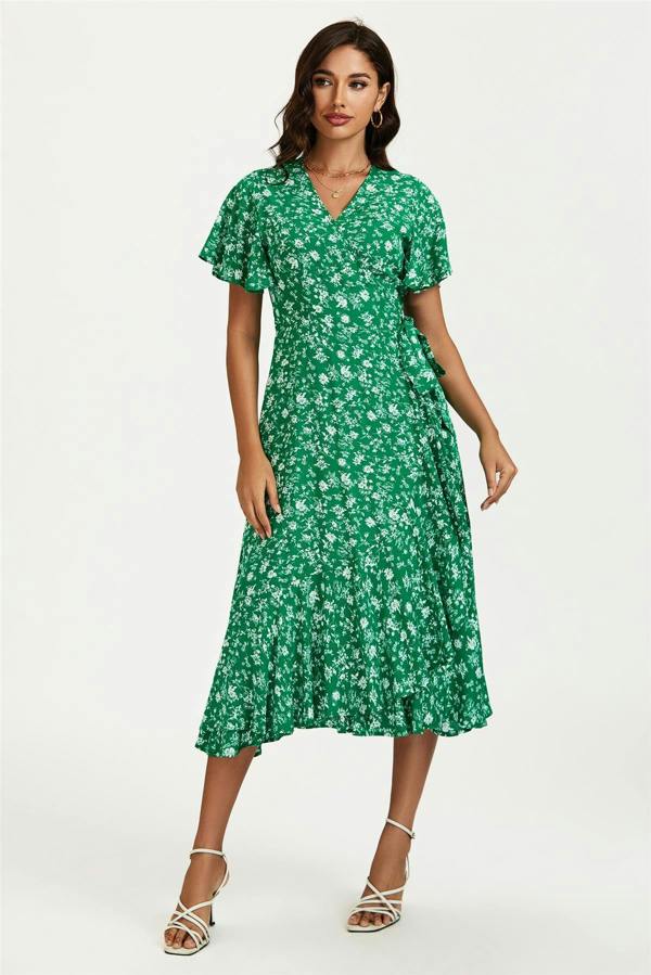 FS Collection Floral Print Midi Wrap Dress In Green