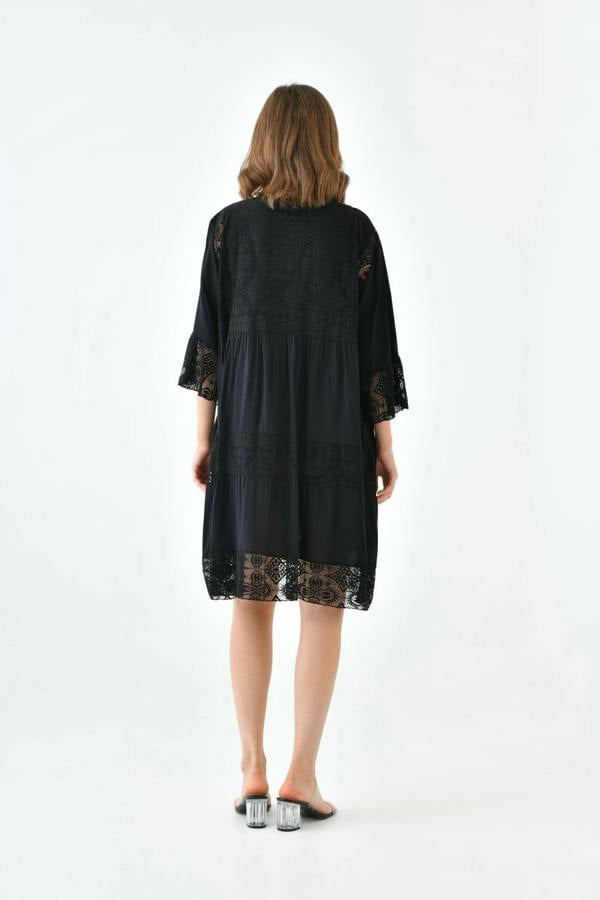Hoxton Gal Oversized 3/4 Sleeves Lace Detailed V Neck Mini Dress in Black