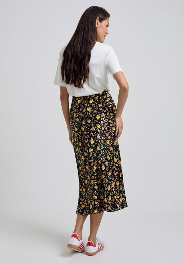 Floral Printed Midi Skirt with black base and bright flowers