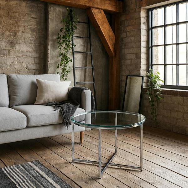 Wyld Haus Oakfern Round Silver Metal Side Table Glass Top