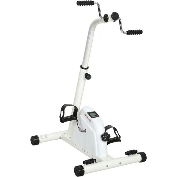 White seated pedal exerciser with console, adjustable handlebar, and side foot pedals