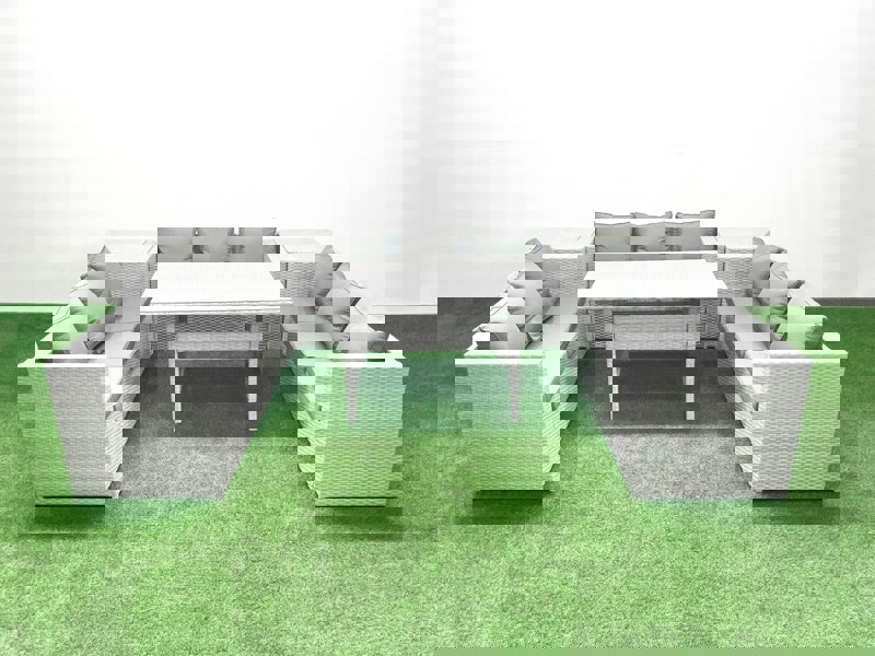 Fimous Rattan Garden Outdoor Furniture Set 9 Seater Garden Sofa Rectangulr Dining Table Set with 2 Side Tables Light Grey Mixed