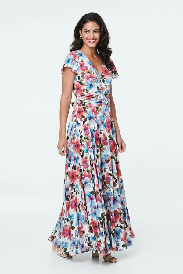 Pink | Floral Cap Sleeve Tie Waist Maxi Dress