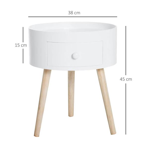 White round bedside table with drawer and light wood legs; 38 cm wide, 45 cm high