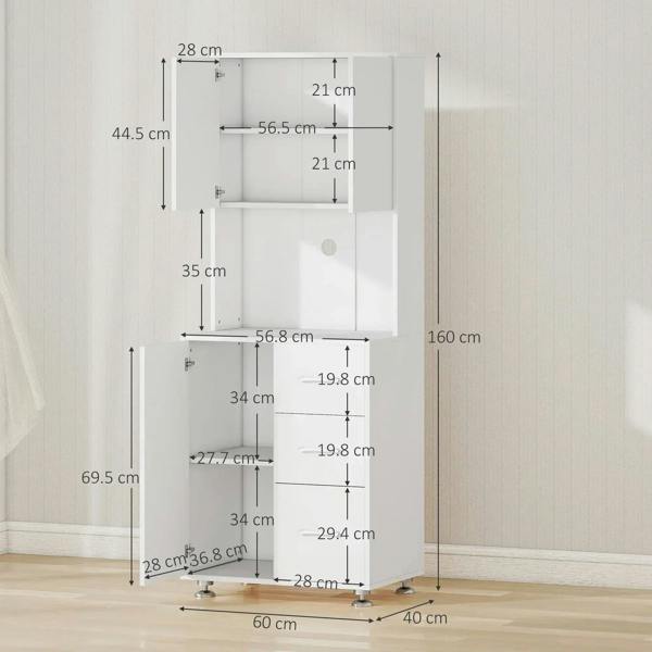 White kitchen storage cabinet with size diagram showing dimensions and shelf layout