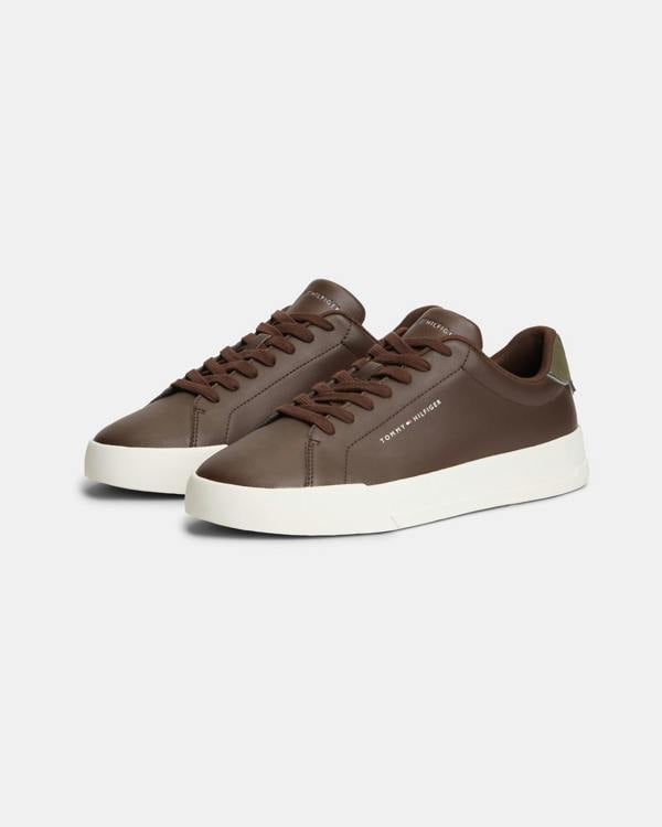 Tommy Hilfiger Court Leather Detail Mens Trainer - Cocoa/Platinum Olive