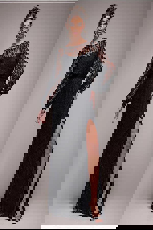 Lace Long Sleeve Shirred Waist Maxi Dress - Black DR4805