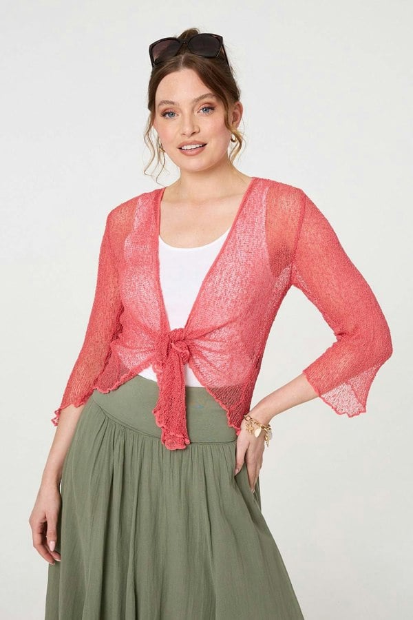 Coral | Sheer 3/4 Sleeve Open Front Cardigan
