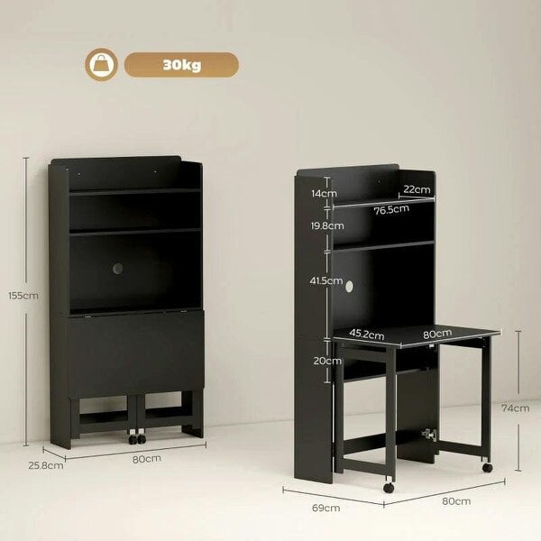Foldable Desktop, Computer Desk with Storage Shelves, 80 x 69 x 155 cm, Black