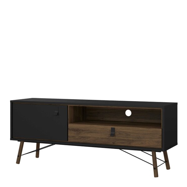 Wyld Haus Juno Black and Walnut Wood TV Unit 1 Door 1 Drawer and Open Shelf