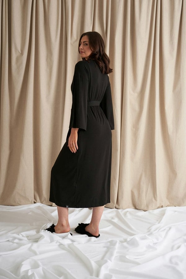Pretty You London Women's Bamboo Frill Kimono Robe Dressing Gown in Black