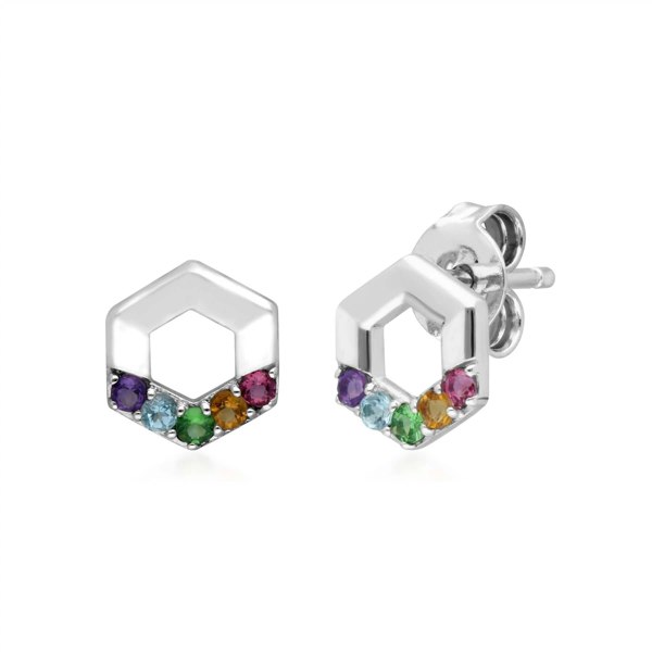 270E031801925 Rainbow Gems Hexagon Stud Earrings in Sterling Silver 1