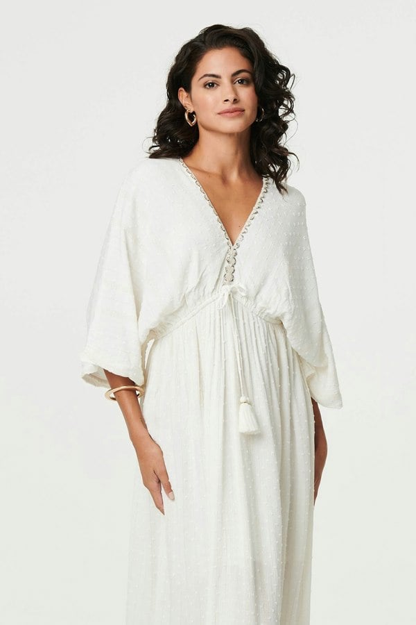 Cream | Textured V-Neck Empire Kimono Maxi Dress
