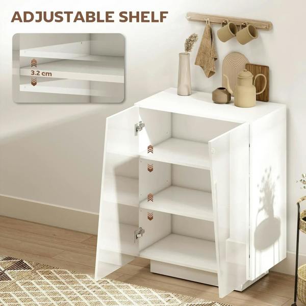 White cabinet with open door showing adjustable shelves and inner storage space