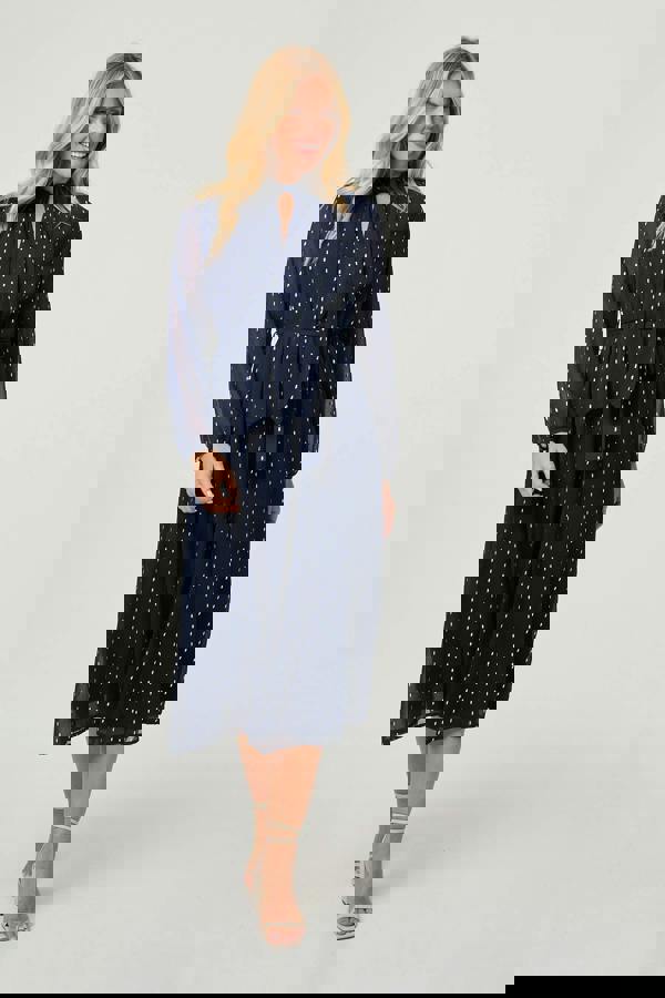 Navy | Polka Dot Print Long Sleeve Midi Dress