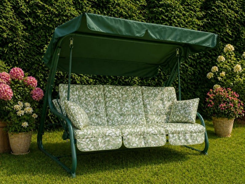Glendale Pendulum 3 Seater Garden Hammock Swing with Cushions - Convertible Bed - Cotswold Leaf - 190(L) x 160 (W)