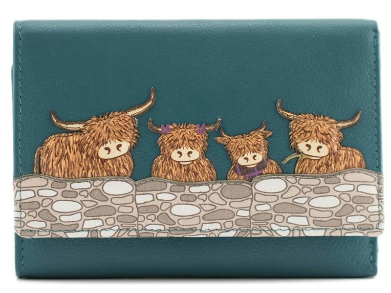 Mala Leather Highland Cow Family RFID Large Trifold Leather Purse
