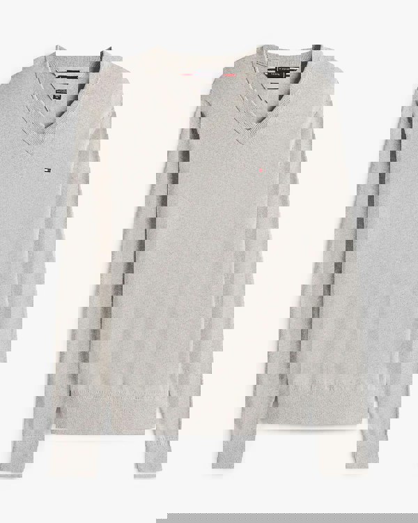 Tommy Hilfiger Pima Organic Cotton Mens Cashmere V-Neck Jumper - Light Grey Heather