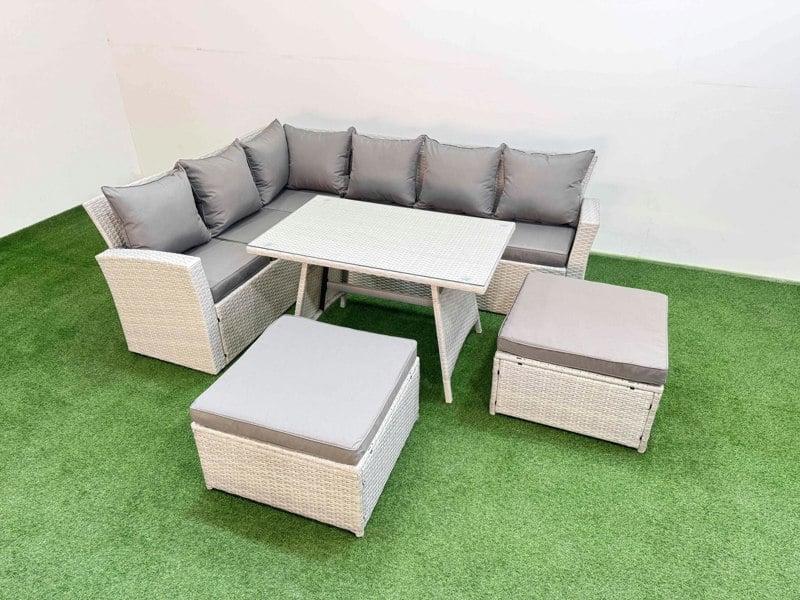 Fimous Garden Outdoor Rattan Furniture Set Rattan Corner Sofa Oblong Dining Table Set with 2 Big Footstools Light Grey Mixed 8 Seater