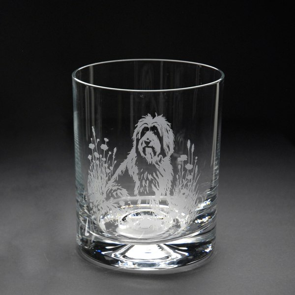 Glyptic Glass Art Tibetan Terrier Dog Whiskey Tumbler Glass - Hand Etched/Engraved Gift