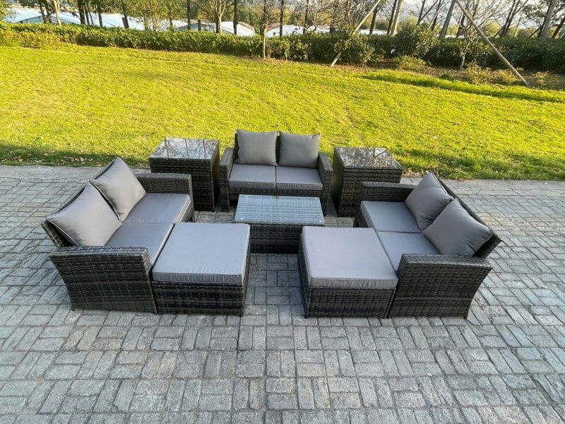 Fimous 8 pc Rattan Sofa Garden Furniture Outdoor Patio Set with 2 Side Tables 2 Big Footstool Love Seat Sofa Dark Grey Mixed
