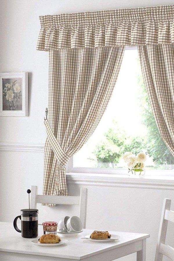 Alan Symonds Gingham Beige Checkered Taped Curtains With Tie Backs