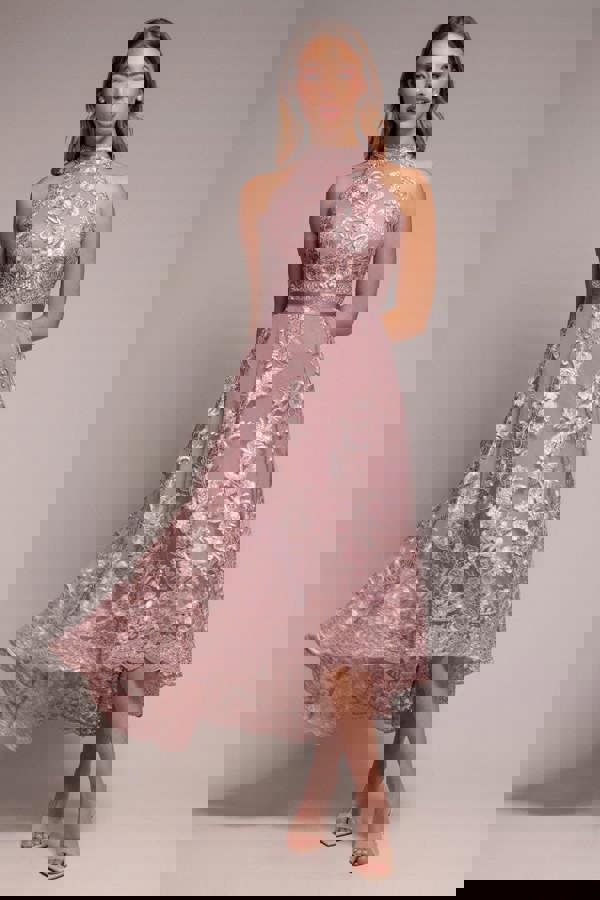 Halter Neck Lace High And Low Dress - Pink DR3346QZ