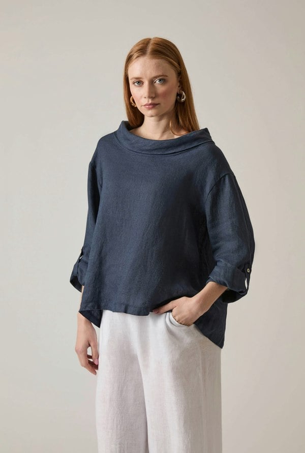 Navy linen top with draped cowl neckline