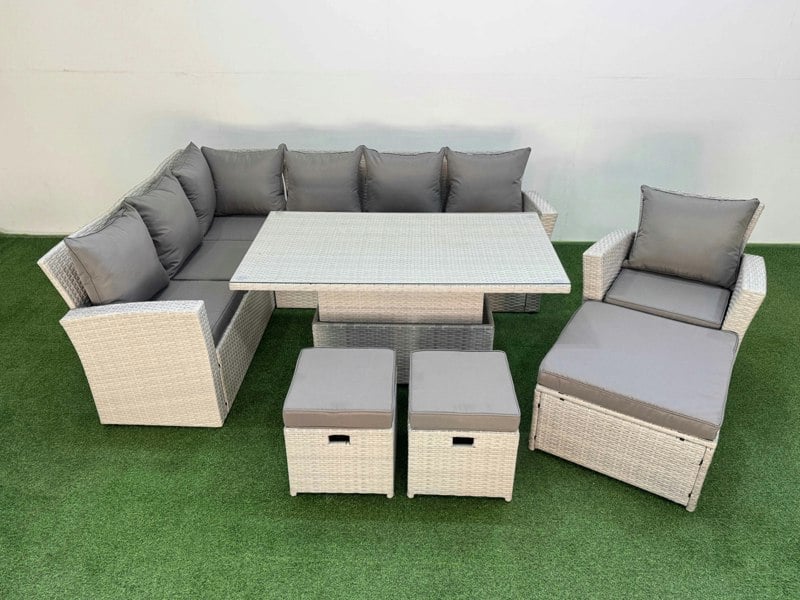 Fimous 10 Seat Rattan Outdoor Garden Furniture Corner Sofa Set Adjustable Lifting Dining or Coffee Table Set with 3 Footstools Light Grey