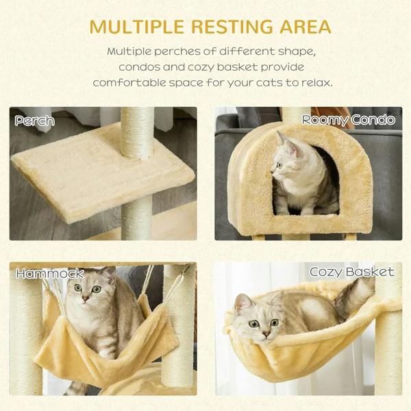 Beige cat tree tower showing perch, hammock, and cozy enclosed basket rest areas