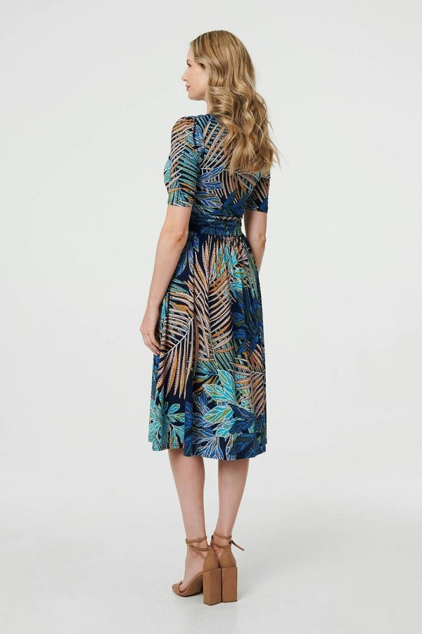 Blue | Leaf Print Wrap Front Pleat Midi Dress
