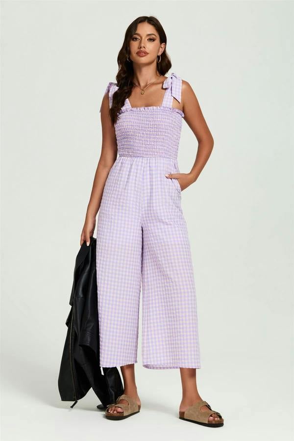 FS Collection Check Print Tie Detail Jumpsuit In Purple & Pink