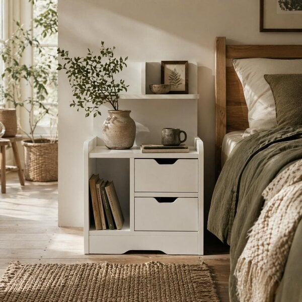 Wyld Haus Sora Nico High Gloss White Bedside Table With 2 Drawers And Shelves