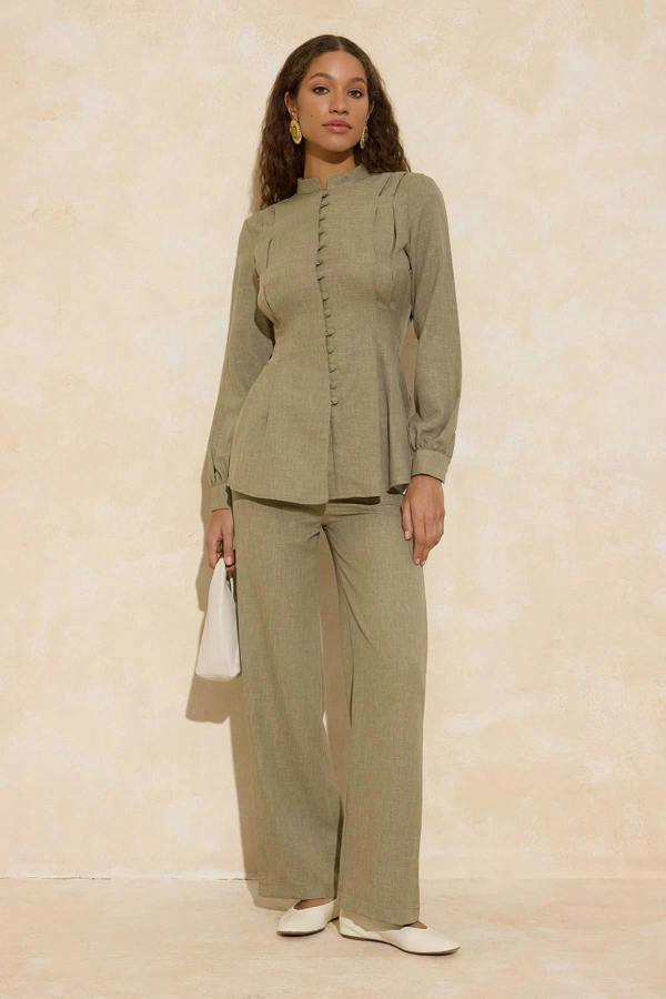 2-Piece Button Detail Long Sleeve Shirt and Wide Leg Trouser Co-ord