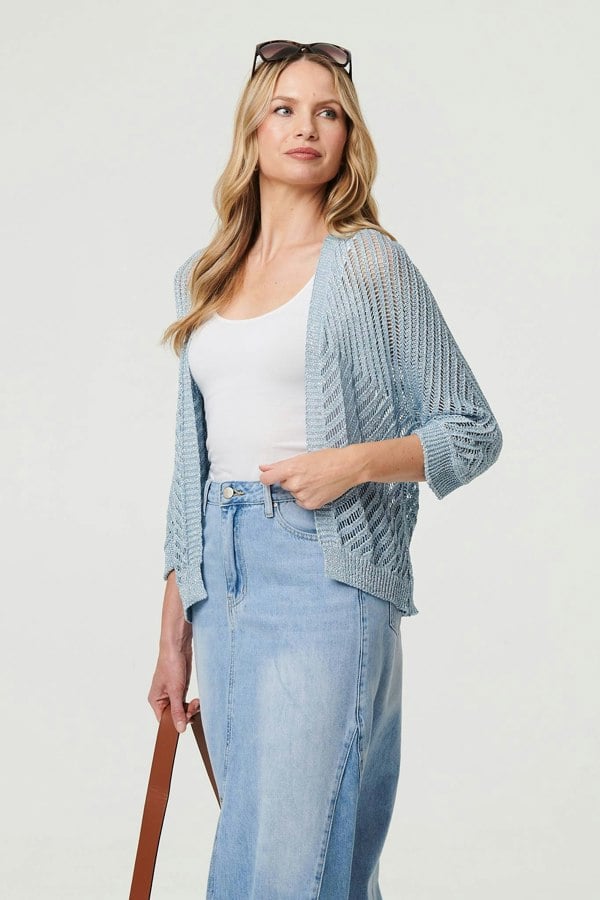Blue | Sheer Mesh Texture 3/4 Sleeve Cardigan
