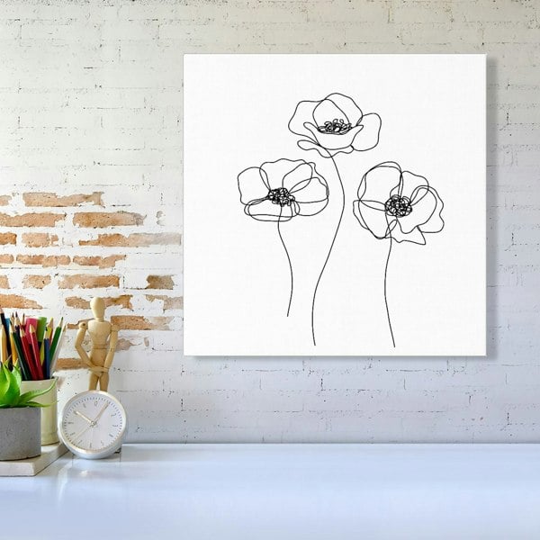 Warren Reed Monochrome Line Drawn Poppies Canvas