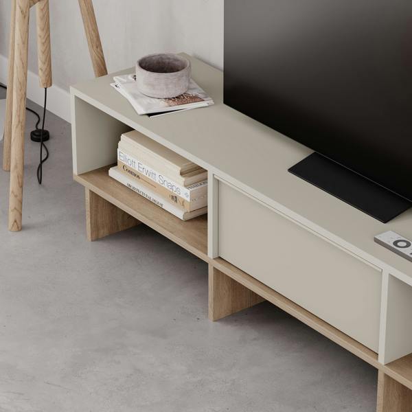 Decortie Modern TV Stand 170cm w/Soft-Close Drop-Down Door Open Shelves Metal Handle Living Room TV Cabinet Sandstone, Natural Oak