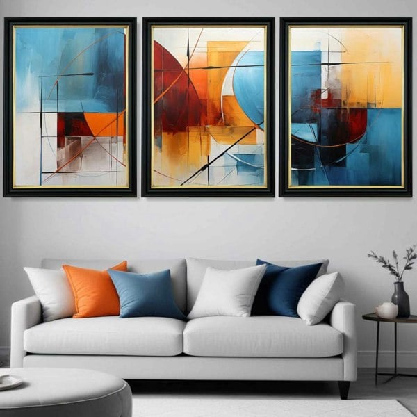 Artze Wall Art Set of 3 Abstract Colourful Blue and Red Framed Art Prints