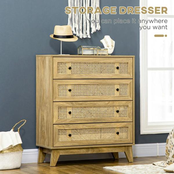 Wood-effect storage dresser with rattan drawer fronts and black knobs