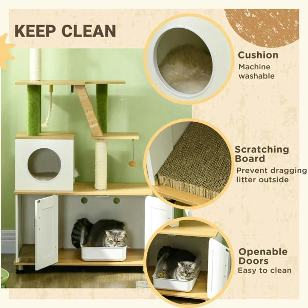 2-in-1 hidden cat litter box cat tree with openable doors, scratch board, and washable cushion