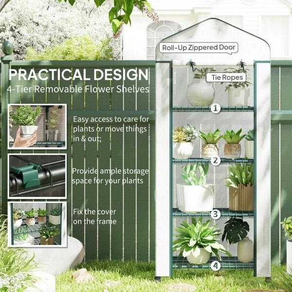 Bobobiy 4 Tier Mini Portable Greenhouse Compact Plant Grow Shed Metal Frame PE Cover with Lockable Rolling Wheels, White