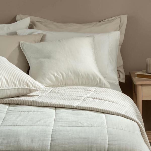 Natural Linen Look Bedspread & Cushion Bundle - striped, close-up detail 2 | Soak and Sleep