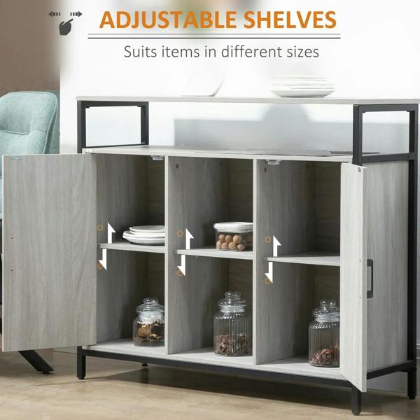 Light grey sideboard with hinged doors open to adjustable shelves inside, black steel frame