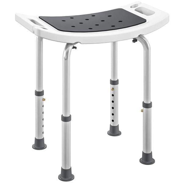 Adjustable height shower stool with grey perforated seat, aluminium frame, non-slip feet