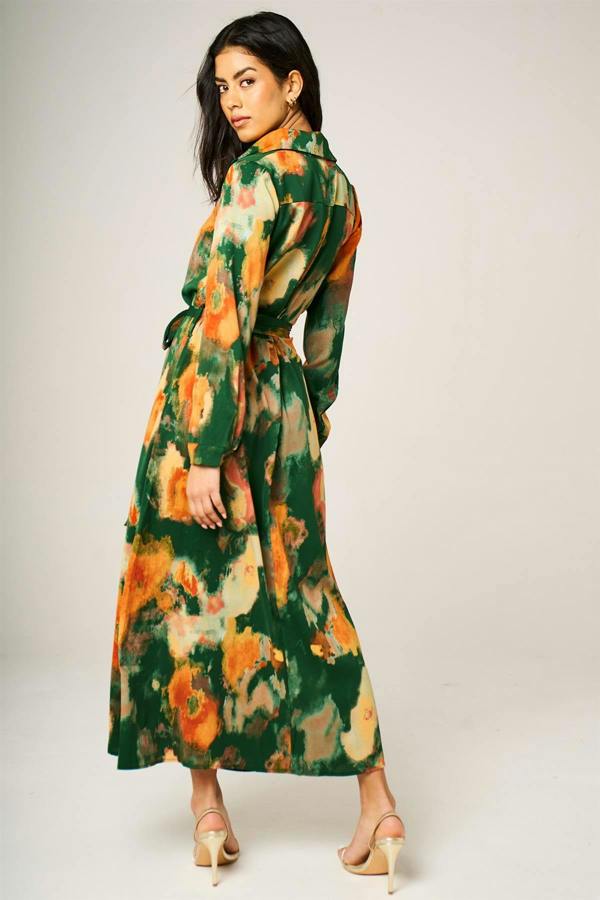 FS Collection Abstract Floral Long Sleeve Belted Shirt Dress In Green