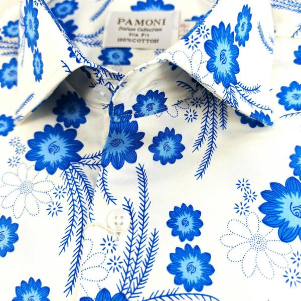 White and Blue Floral Print Short Sleeves Shirt