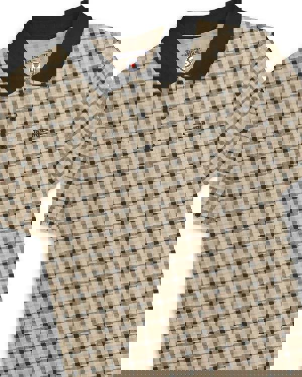 Lambretta Mens Check Classic Mod Ska Casual Smart Polo, beige checkered polo shirt with black collar and buttons.