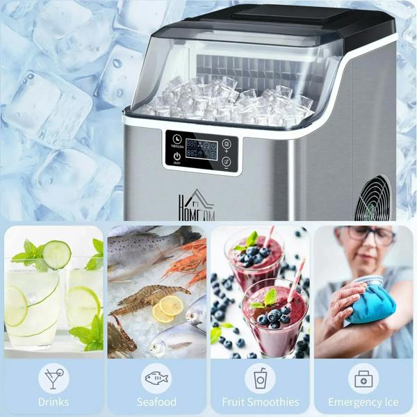 Silver-tone compact ice machine with visible ice bin and front LCD control panel